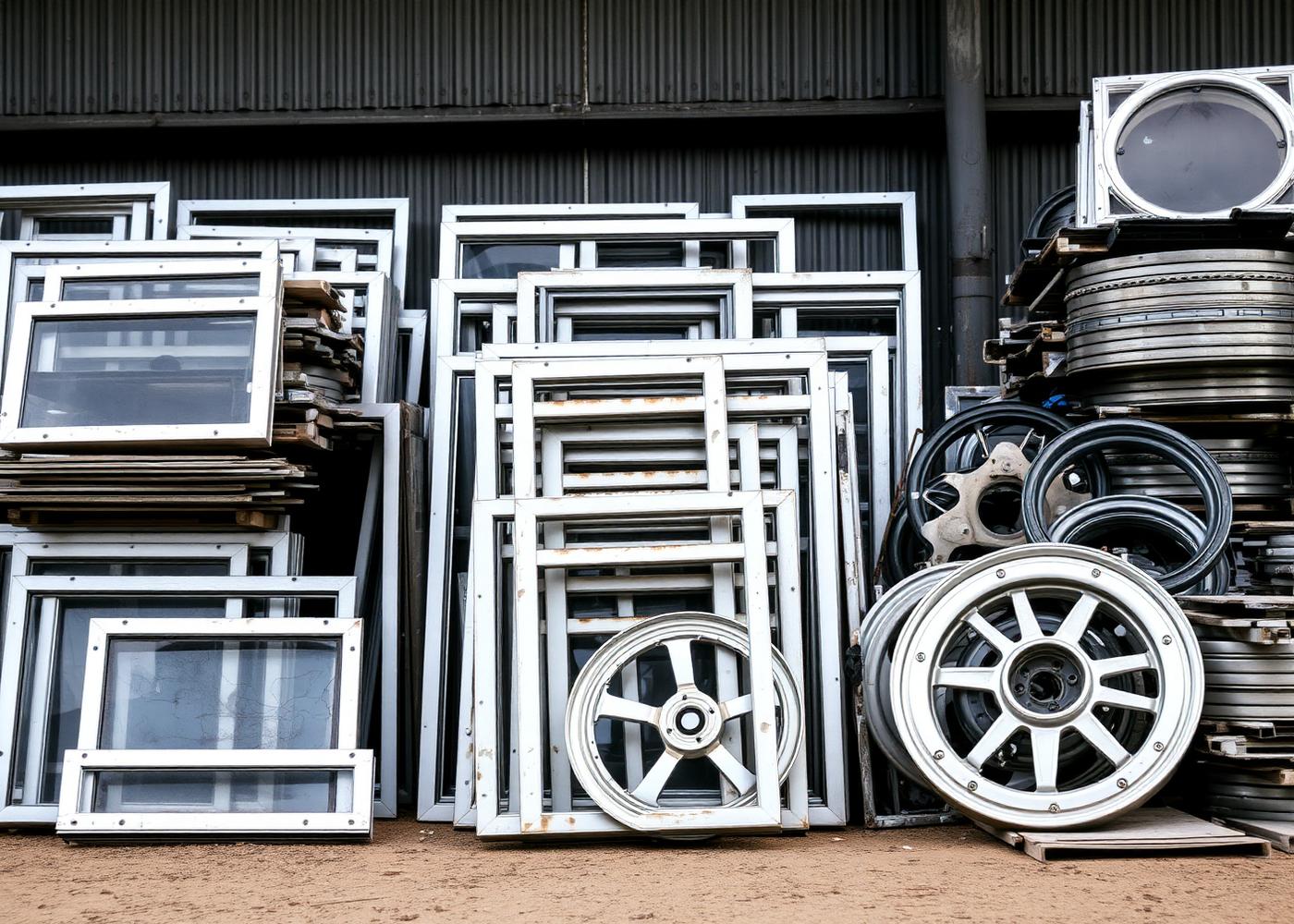 Stacked aluminium window frames and wheel rims ready for recycling