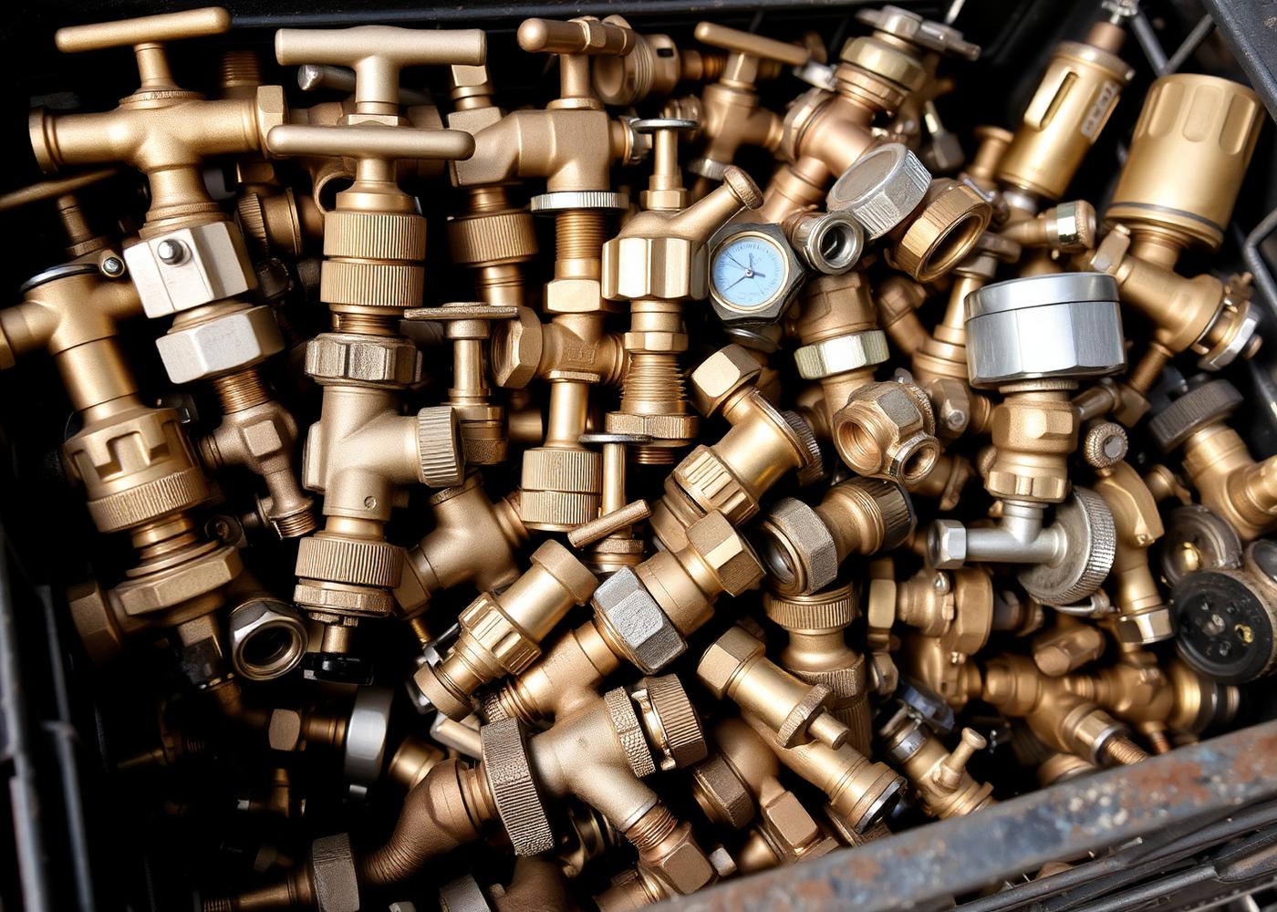 Used brass taps, valves and plumbing fittings collected in a crate