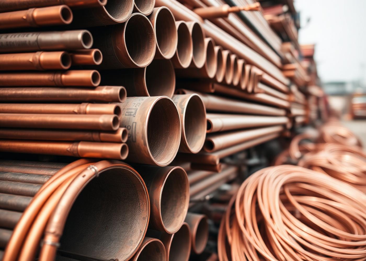 Stacked lengths of used copper plumbing pipe and coiled copper cable in the yard